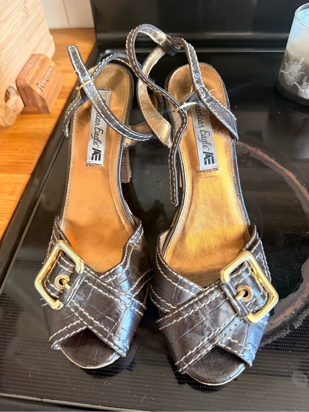 American Eagle Outfitters Dark Brown Peep-Toe Slingback Heels with Gold Buckles